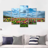 Field Of Tulips In Various Colors 5 Pieces Canvas Prints Wall Art - Painting Canvas, Multi Panel, Wall Decor, Canvas Art