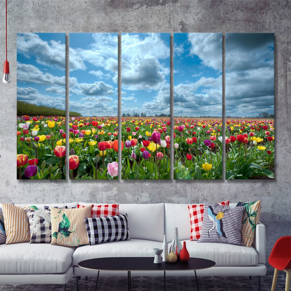 Field Of Tulips In Various Colors 5 Pieces B Canvas Prints Wall Art - Painting Canvas, Multi Panel, Wall Decor, Canvas Art