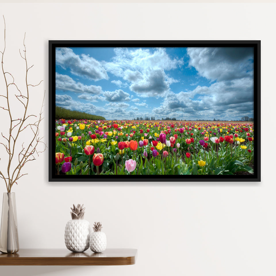 Field Of Tulips In Various Colors Framed Canvas Prints Wall Art - Painting Canvas, Wall Decor, Canvas Art, Floating Frame