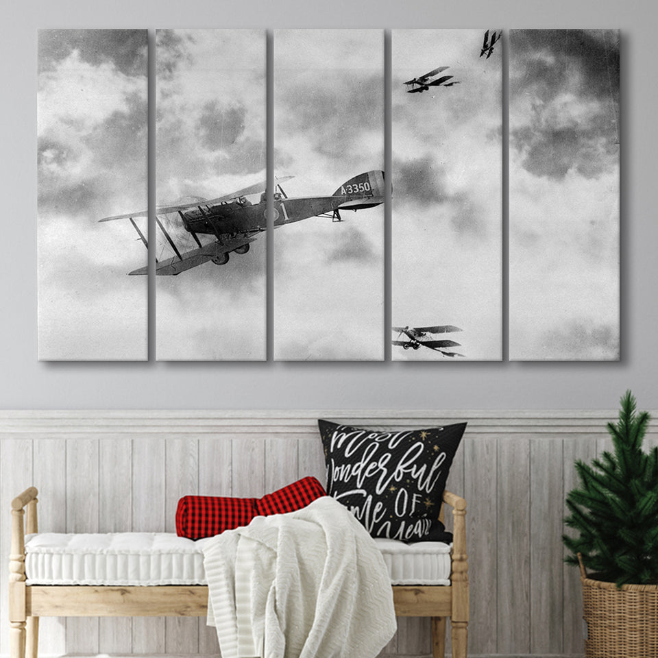 Fighter Airplane Black And White Print, World War One Larger Canvas Art, 5 Piece Canvas Prints Wall Art Decor