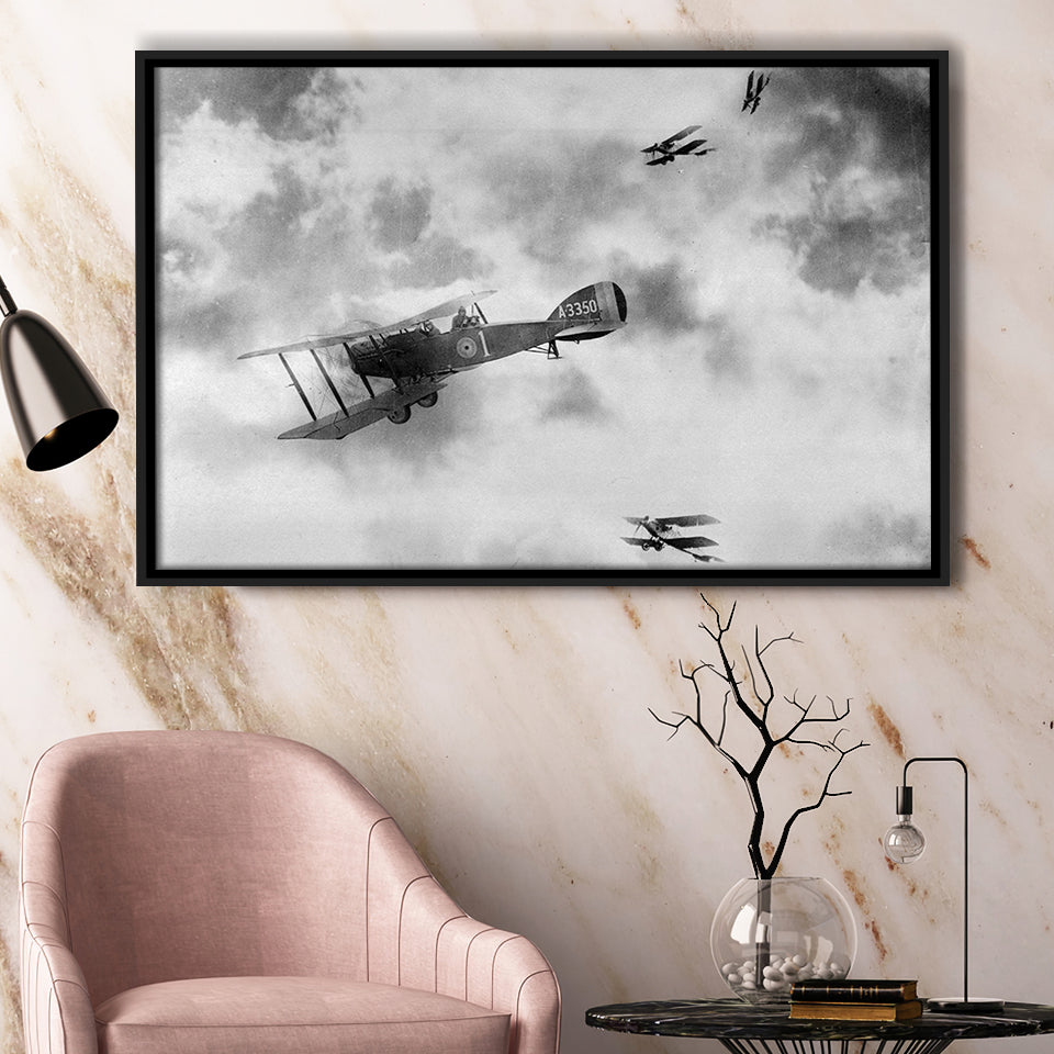 Fighter Airplane Black And White Print, World War One Framed Canvas Prints Wall Art Home Decor,Floating Frame
