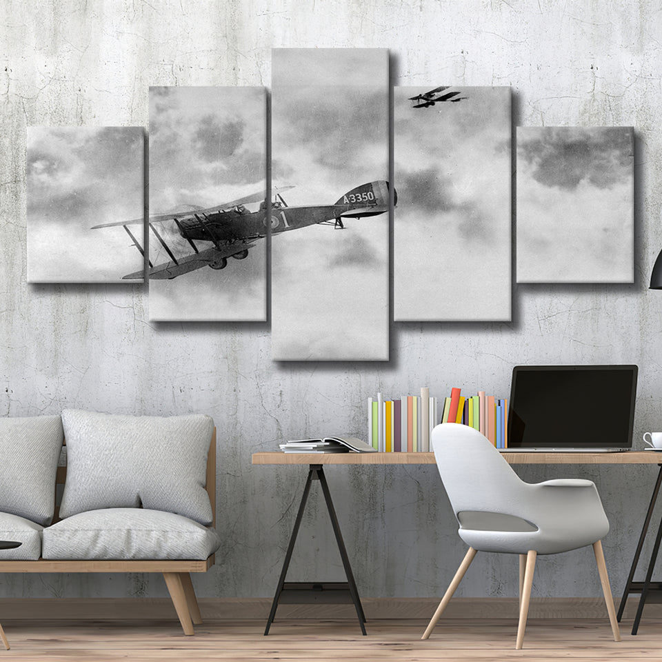 Fighter Airplane Black And White Print, World War One 5 Panels, Canvas Prints Wall Art Decor, Large Canvas Art