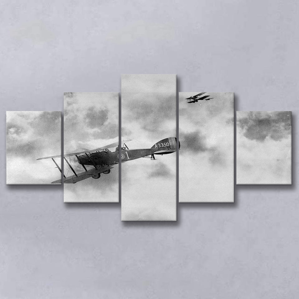 Fighter Airplane Black And White Print, World War One 5 Panels, Canvas Prints Wall Art Decor, Large Canvas Art