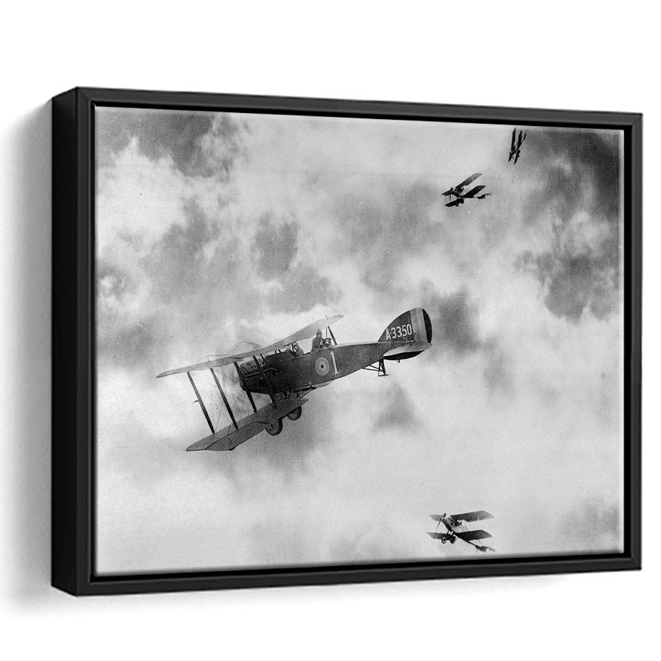 Fighter Airplane Black And White Print, World War One Framed Canvas Prints Wall Art Home Decor,Floating Frame