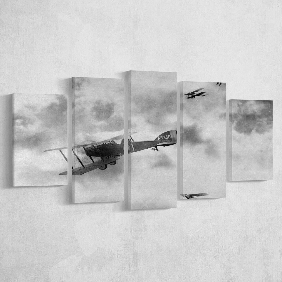 Fighter Airplane Black And White Print, World War One 5 Panels, Canvas Prints Wall Art Decor, Large Canvas Art