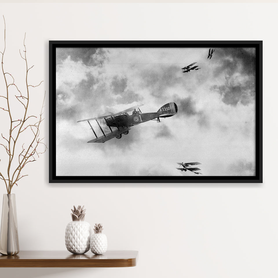 Fighter Airplane Black And White Print, World War One Framed Canvas Prints Wall Art Home Decor,Floating Frame