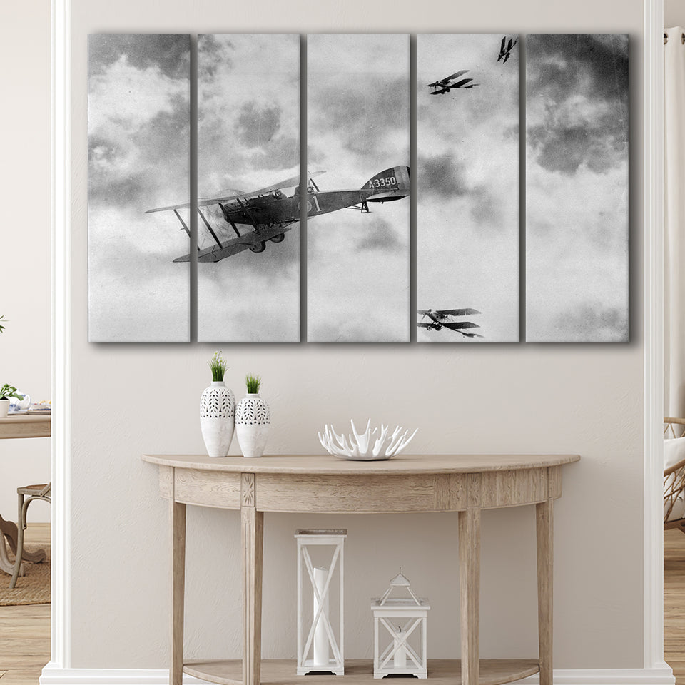 Fighter Airplane Black And White Print, World War One Larger Canvas Art, 5 Piece Canvas Prints Wall Art Decor