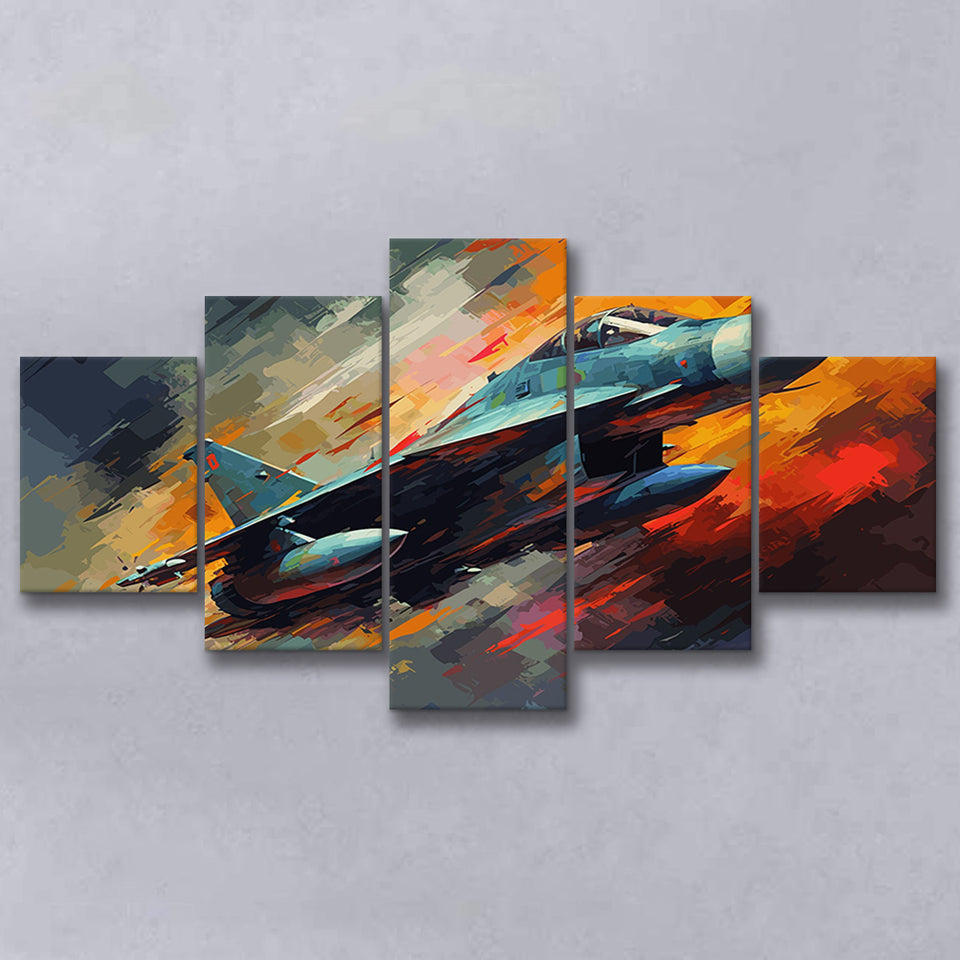Fighter Jet Wall Art, Aviation Military Painting Art, 5 Panel Canvas Prints Wall Art,Mixed Canvas, Large Canvas