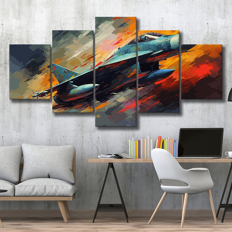 Fighter Jet Wall Art, Aviation Military Painting Art, 5 Panel Canvas Prints Wall Art,Mixed Canvas, Large Canvas