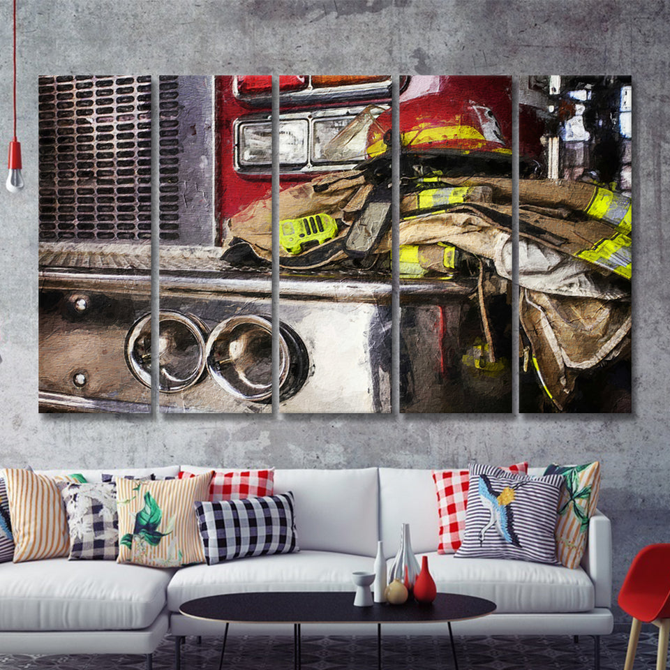 Firefighter Original Fireman Uniform Modern Art for Office 5 Piece B Canvas Prints Wall Art Decor - Painting Canvas, Multi Panels