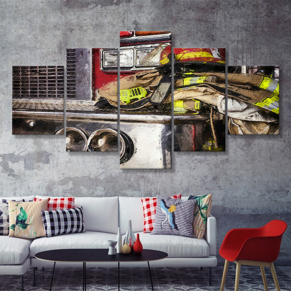 Firefighter Original Fireman Uniform Modern Art for Office 5 Piece Canvas Prints Wall Art Decor - Painting Canvas, Multi Panels