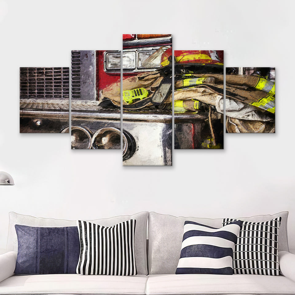 Firefighter Original Fireman Uniform Modern Art for Office 5 Piece Canvas Prints Wall Art Decor - Painting Canvas, Multi Panels