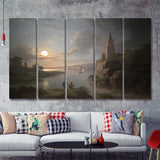 Fishing By Moonlight By Sebastian Pether 5 Pieces B Canvas Prints Wall Art - Painting Canvas, Multi Panel