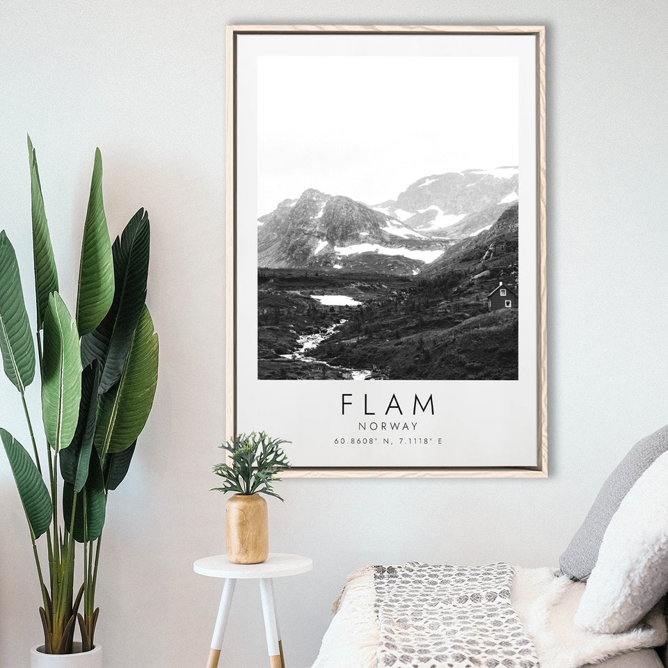 Flam, Norway Black And White Art Framed Canvas Prints Wall Art Home Decor, Floating Frame