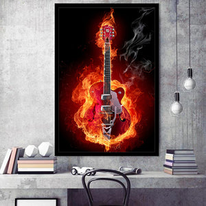 Flaming Electric Guitar Framed Art Prints Wall Decor - Painting Art, Home Decor, Black Frame, Prints for Sale