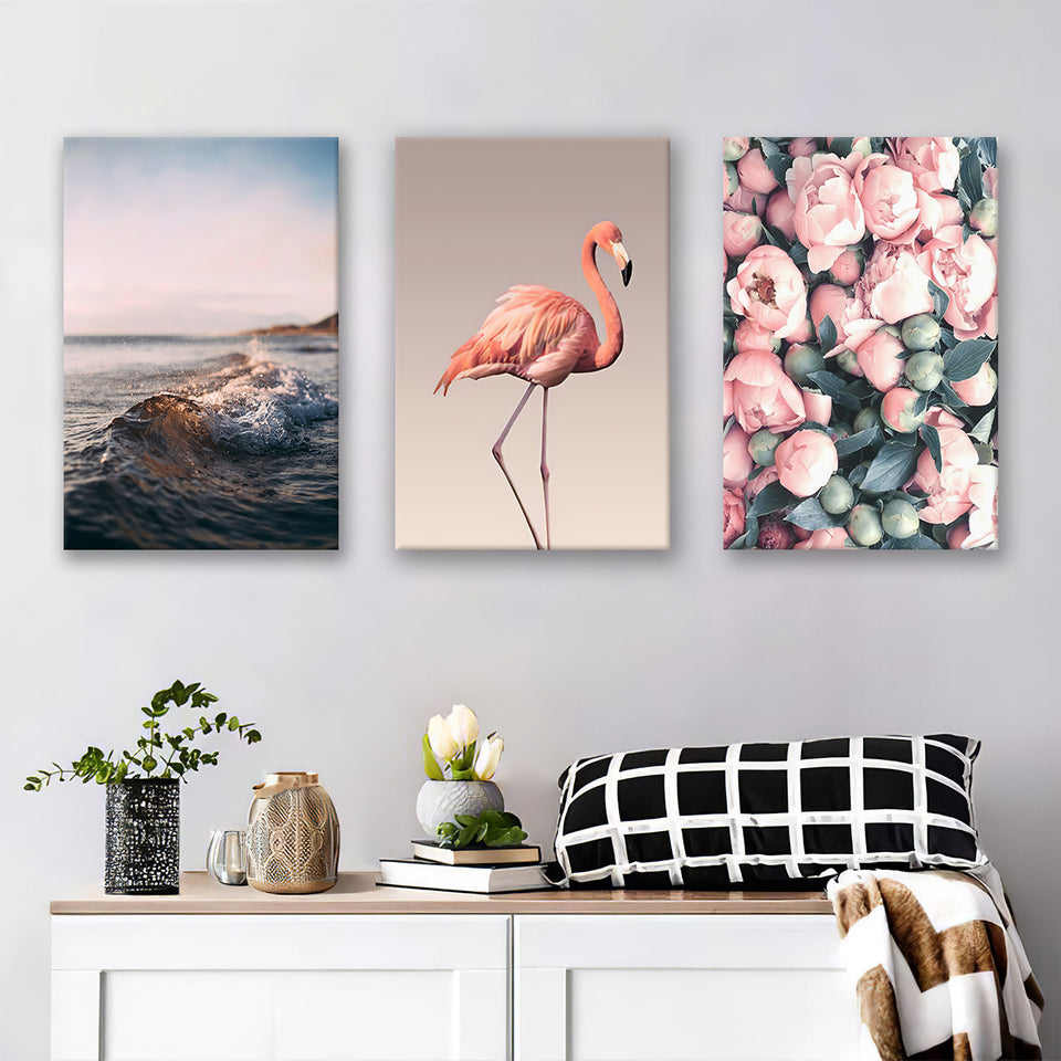 Flamingo Sunset Peony Canvas Prints 3 Pieces Wall Art Decor - Painting Canvas, Multi Panel, Home Decor