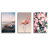 Flamingo Sunset Peony Canvas Prints 3 Pieces Wall Art Decor - Painting Canvas, Multi Panel, Home Decor