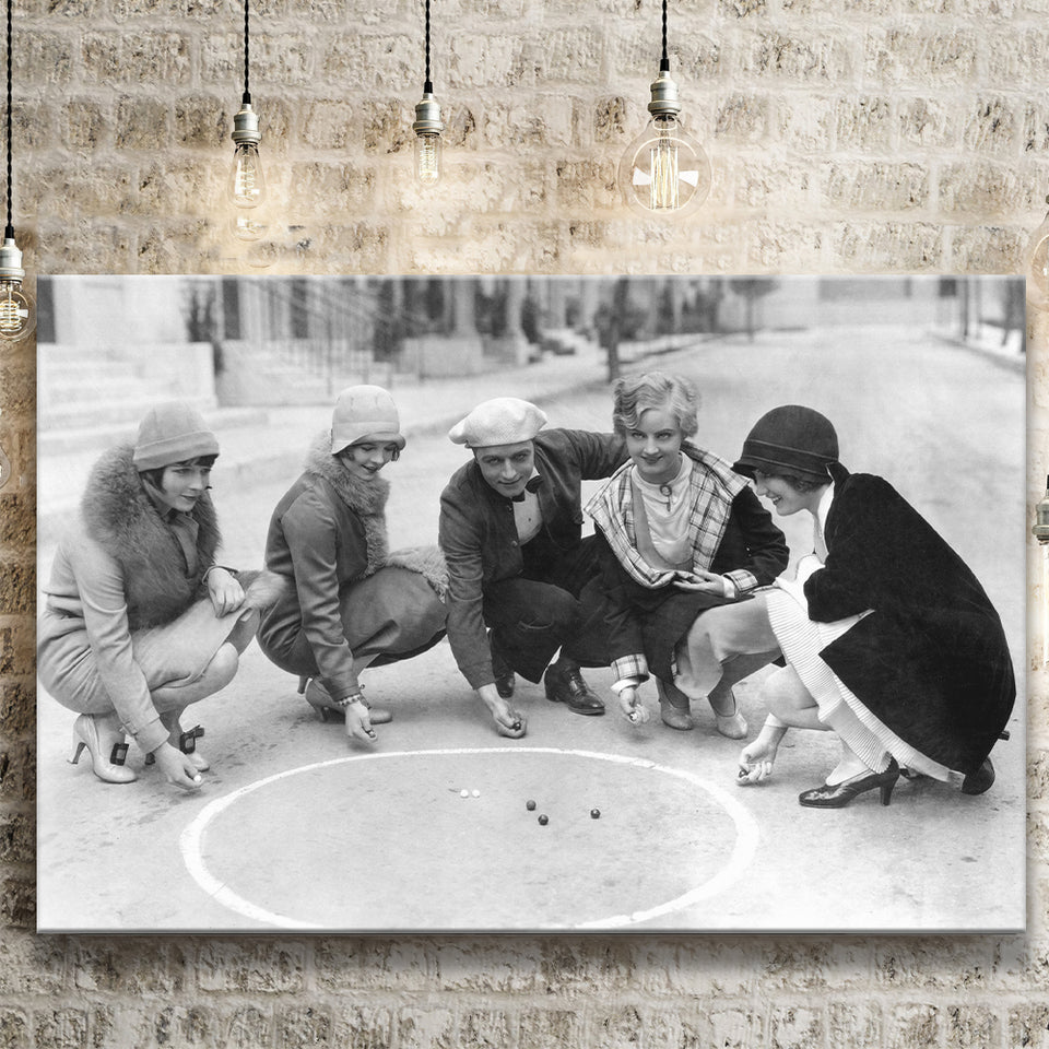 Flapper Gang Playing Marbles Black And White Print, Roaring 20S Canvas Prints Wall Art Home Decor