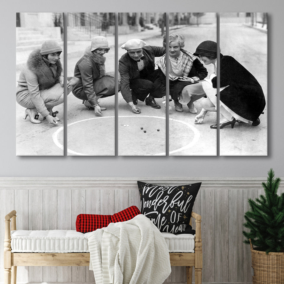 Flapper Gang Playing Marbles Black And White Print, Roaring 20S Larger Canvas Art, 5 Piece Canvas Prints Wall Art Decor