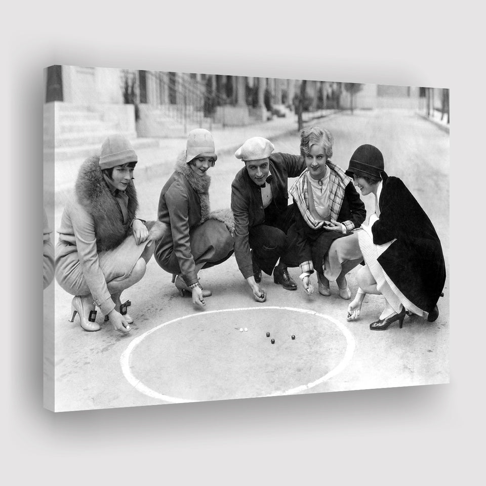 Flapper Gang Playing Marbles Black And White Print, Roaring 20S Canvas Prints Wall Art Home Decor