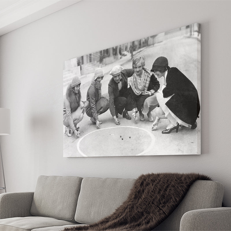 Flapper Gang Playing Marbles Black And White Print, Roaring 20S Canvas Prints Wall Art Home Decor