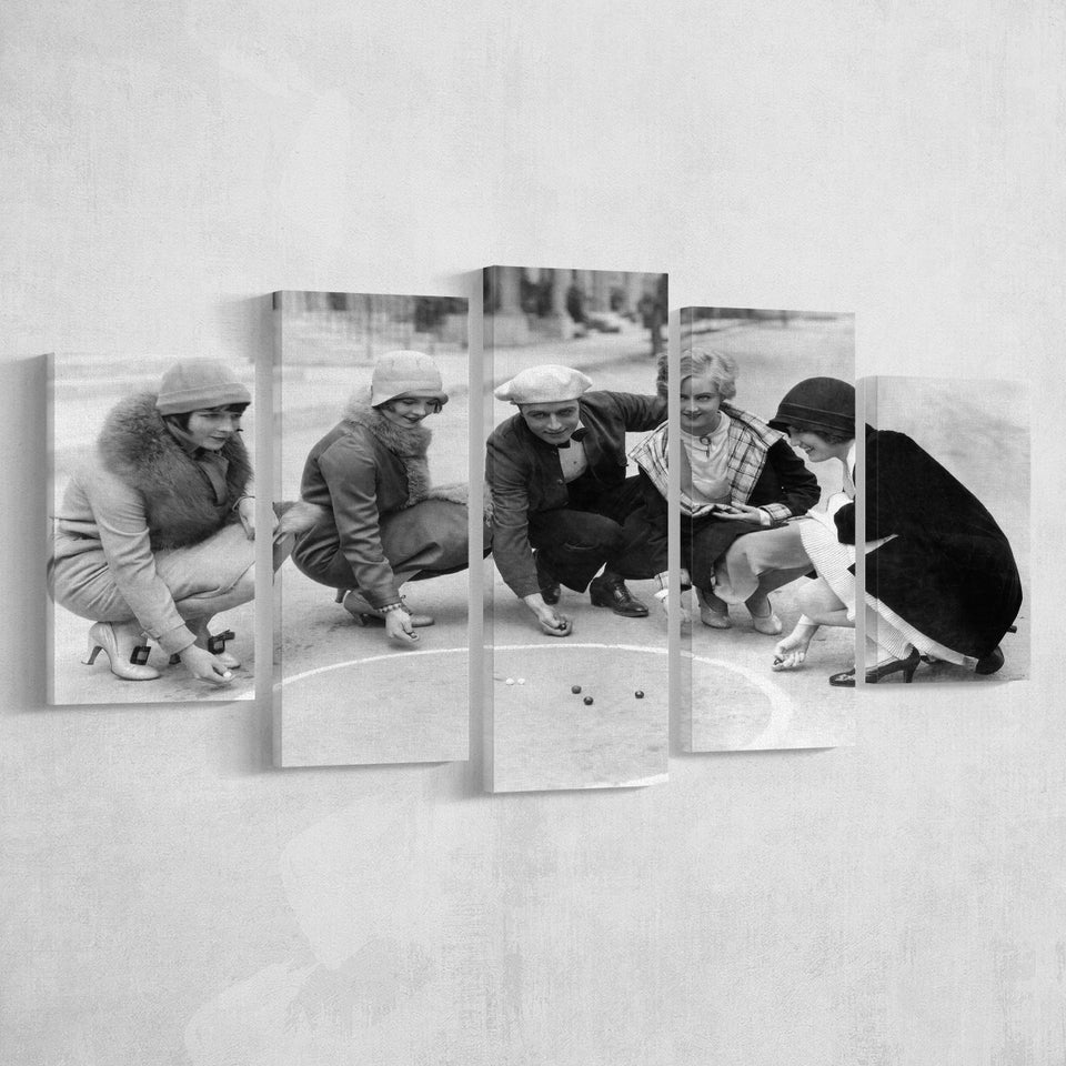 Flapper Gang Playing Marbles Black And White Print, Roaring 20S 5 Panels, Canvas Prints Wall Art Decor, Large Canvas Art