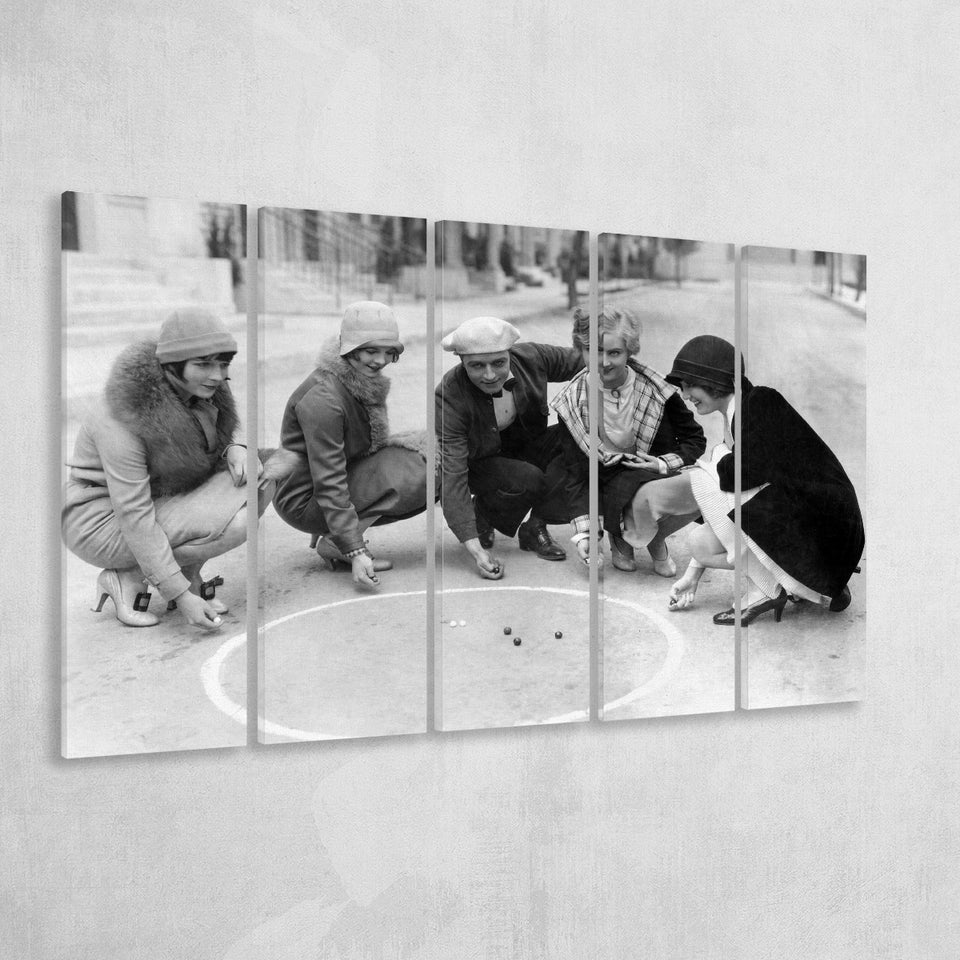 Flapper Gang Playing Marbles Black And White Print, Roaring 20S Larger Canvas Art, 5 Piece Canvas Prints Wall Art Decor