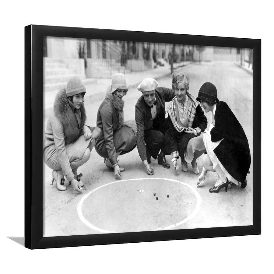 Flapper Gang Playing Marbles Black And White Print, Roaring 20S Framed Art Prints, Wall Art,Home Decor,Framed Picture