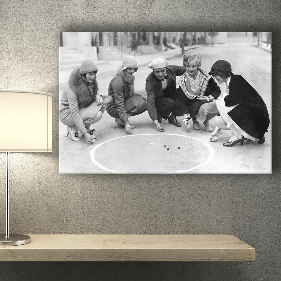 Flapper Gang Playing Marbles Black And White Print, Roaring 20S Canvas Prints Wall Art Home Decor