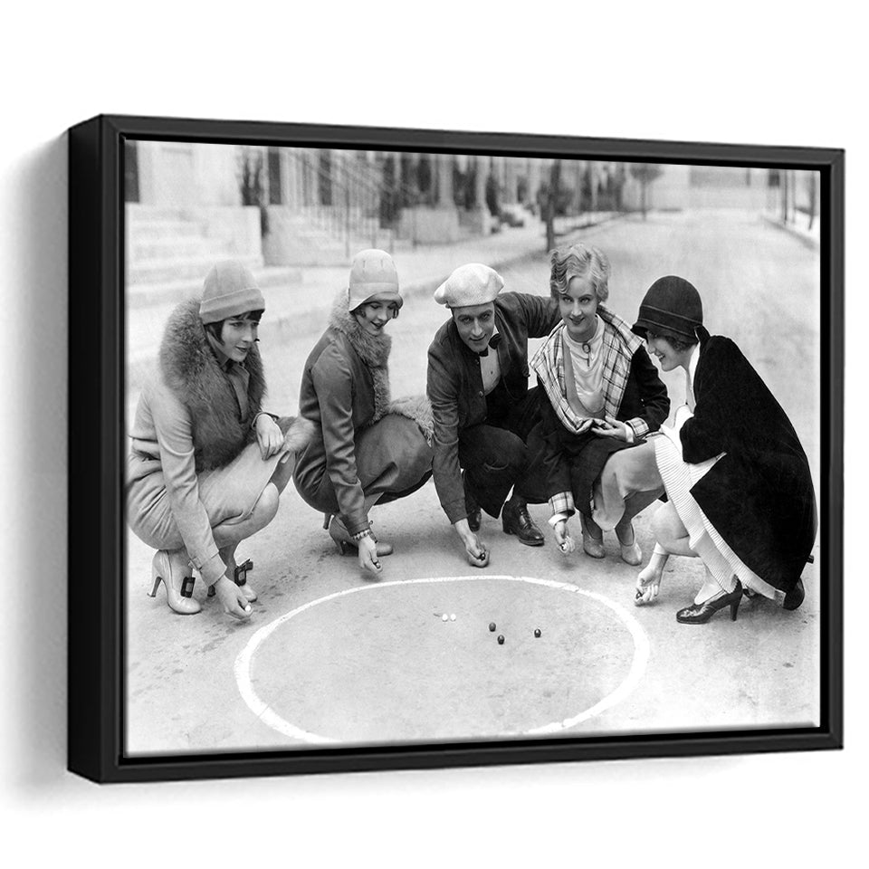 Flapper Gang Playing Marbles Black And White Print, Roaring 20S Framed Canvas Prints Wall Art Home Decor,Floating Frame