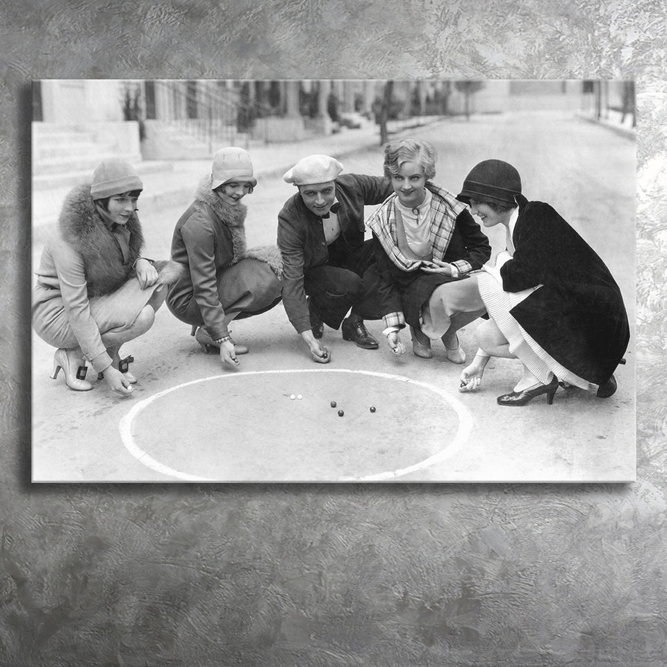 Flapper Gang Playing Marbles Black And White Print, Roaring 20S Canvas Prints Wall Art Home Decor