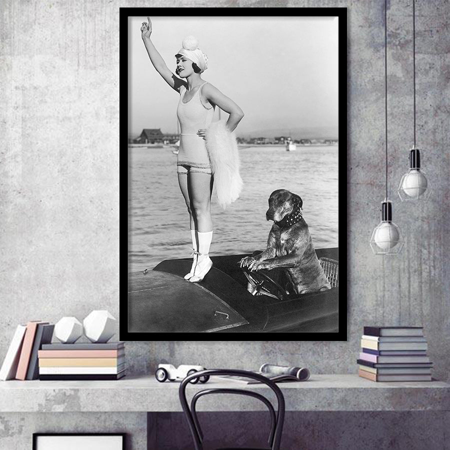Flapper Girl With Teddy The Dog Driving The Boat Black And White Print Framed Art Print Wall Art Decor,Framed Picture