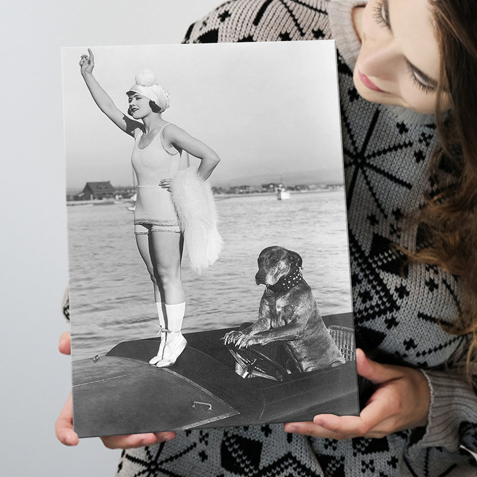 Flapper Girl With Teddy The Dog Driving The Boat Black And White Print Canvas Prints Wall Art Home Decor