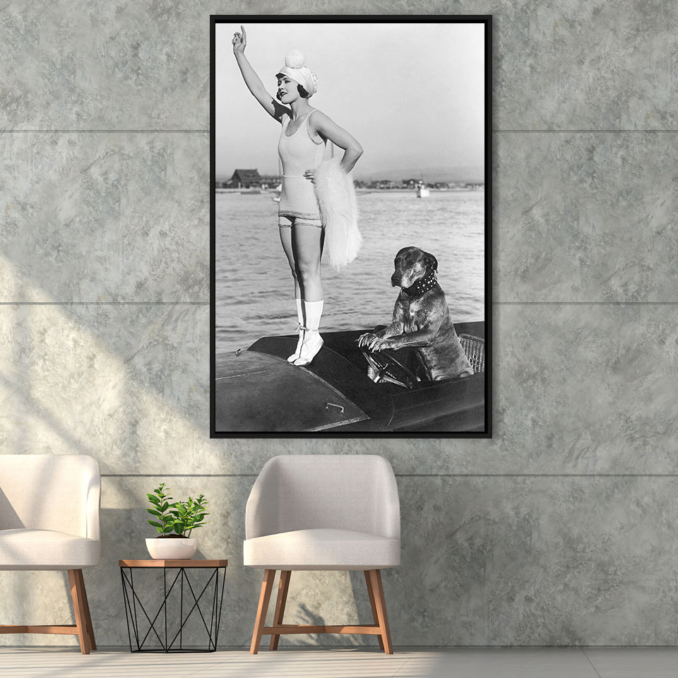 Flapper Girl With Teddy The Dog Driving The Boat Black And White Print Framed Canvas Prints Wall Art Home Decor, Floating Frame