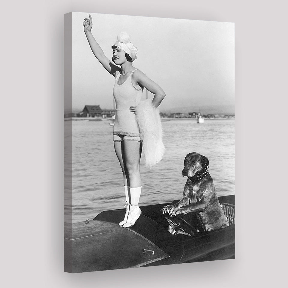 Flapper Girl With Teddy The Dog Driving The Boat Black And White Print Canvas Prints Wall Art Home Decor