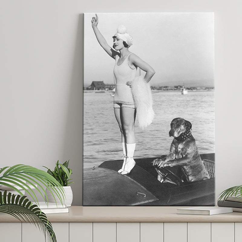 Flapper Girl With Teddy The Dog Driving The Boat Black And White Print Canvas Prints Wall Art Home Decor