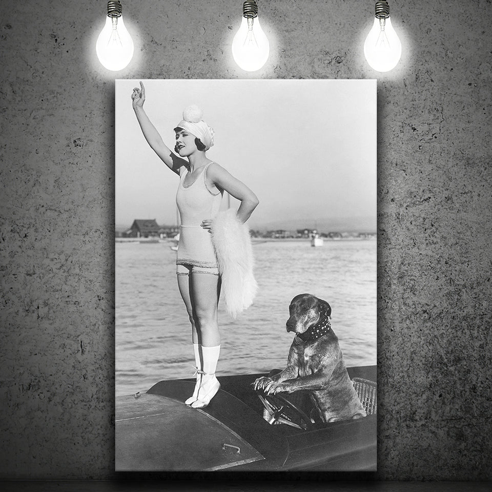 Flapper Girl With Teddy The Dog Driving The Boat Black And White Print Canvas Prints Wall Art Home Decor