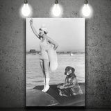 Flapper Girl With Teddy The Dog Driving The Boat Black And White Print Canvas Prints Wall Art Home Decor