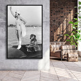 Flapper Girl With Teddy The Dog Driving The Boat Black And White Print Framed Canvas Prints Wall Art Home Decor, Floating Frame