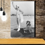 Flapper Girl With Teddy The Dog Driving The Boat Black And White Print Canvas Prints Wall Art Home Decor