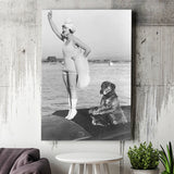 Flapper Girl With Teddy The Dog Driving The Boat Black And White Print Canvas Prints Wall Art Home Decor