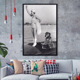 Flapper Girl With Teddy The Dog Driving The Boat Black And White Print Framed Art Print Wall Art Decor,Framed Picture