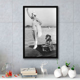 Flapper Girl With Teddy The Dog Driving The Boat Black And White Print Framed Canvas Prints Wall Art Home Decor, Floating Frame