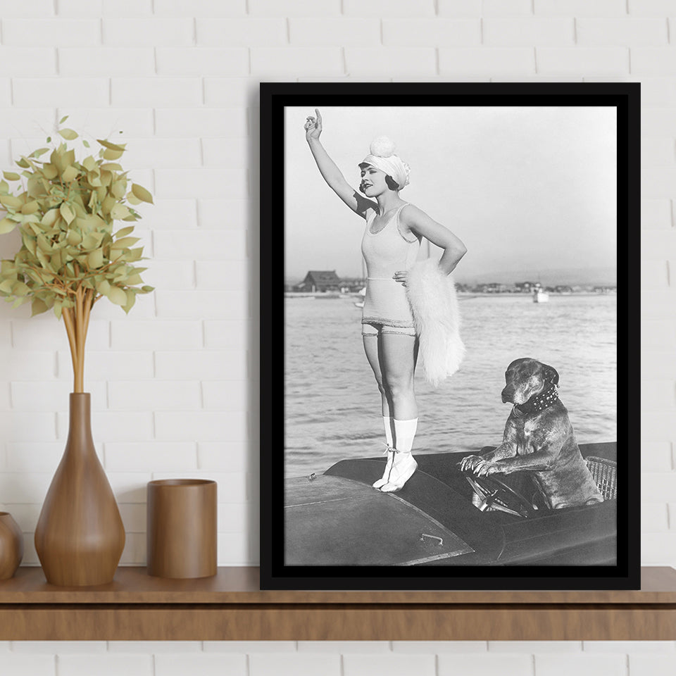 Flapper Girl With Teddy The Dog Driving The Boat Black And White Print Framed Canvas Prints Wall Art Home Decor, Floating Frame