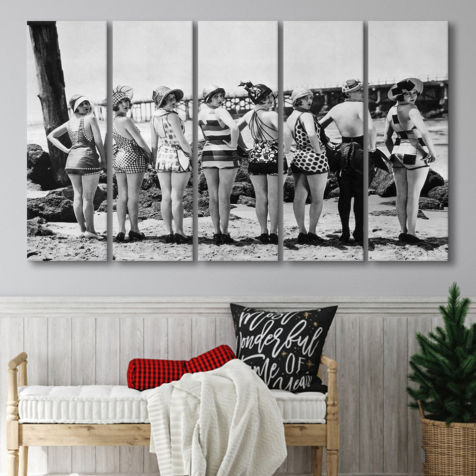 Flapper Girls Beach Black And White Print, Vintage Swimsuits Larger Canvas Art, 5 Piece Canvas Prints Wall Art Decor