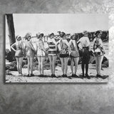 Flapper Girls Beach Black And White Print, Vintage Swimsuits Canvas Prints Wall Art Home Decor