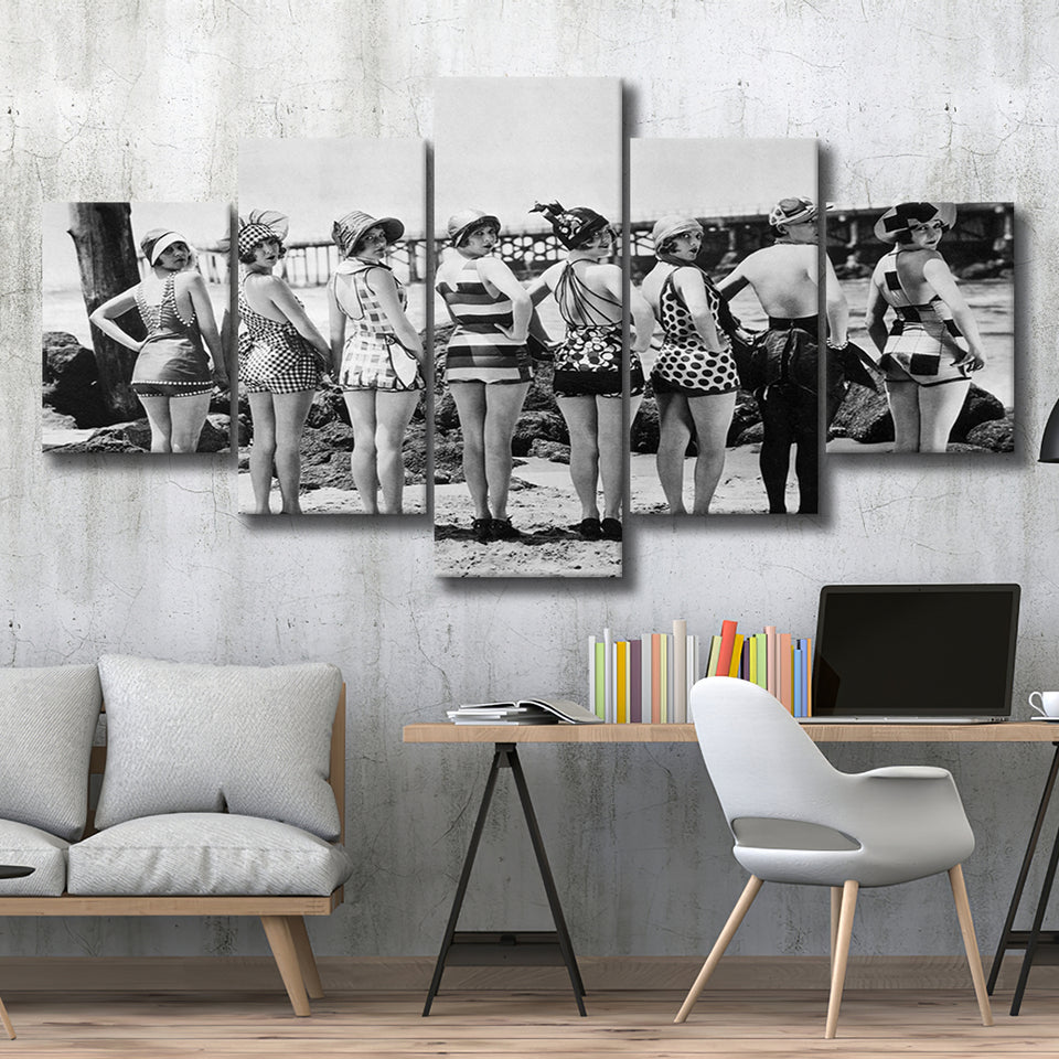 Flapper Girls Beach Black And White Print, Vintage Swimsuits 5 Panels, Canvas Prints Wall Art Decor, Large Canvas Art