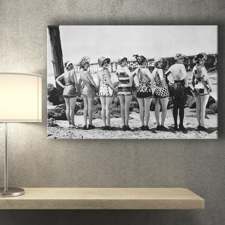 Flapper Girls Beach Black And White Print, Vintage Swimsuits Canvas Prints Wall Art Home Decor