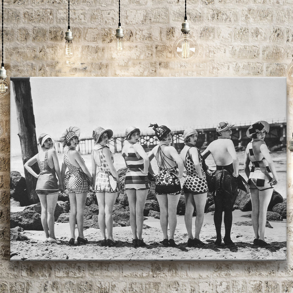 Flapper Girls Beach Black And White Print, Vintage Swimsuits Canvas Prints Wall Art Home Decor