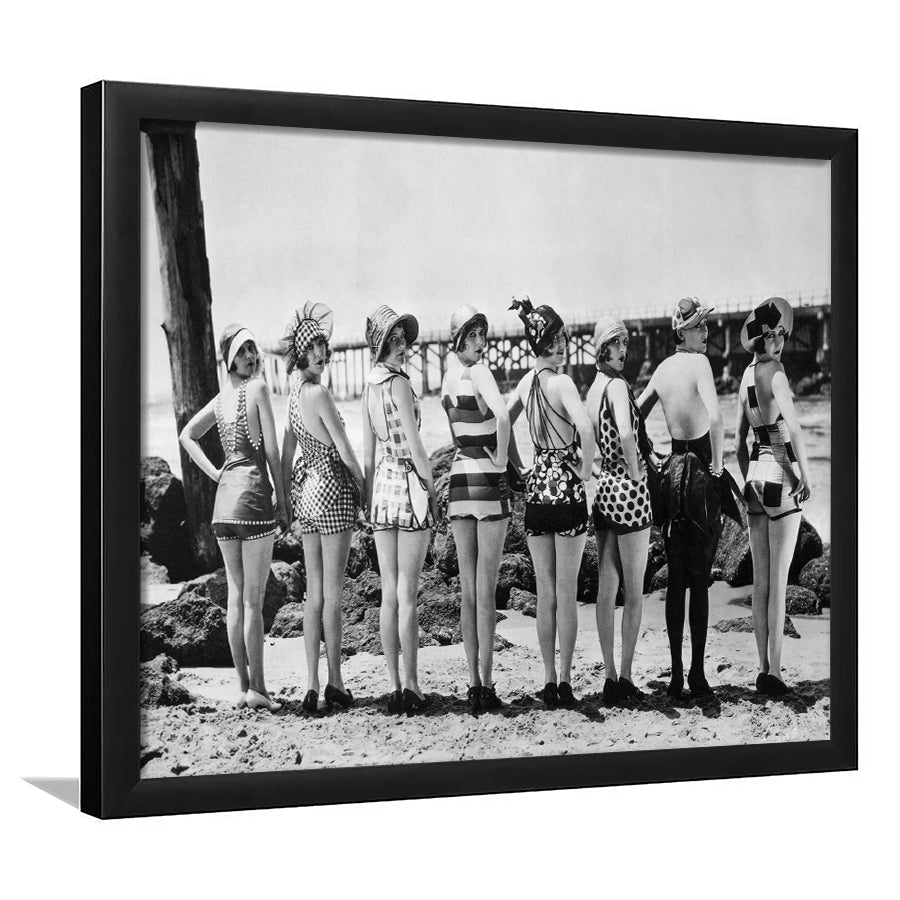 Flapper Girls Beach Black And White Print, Vintage Swimsuits Framed Art Prints, Wall Art,Home Decor,Framed Picture